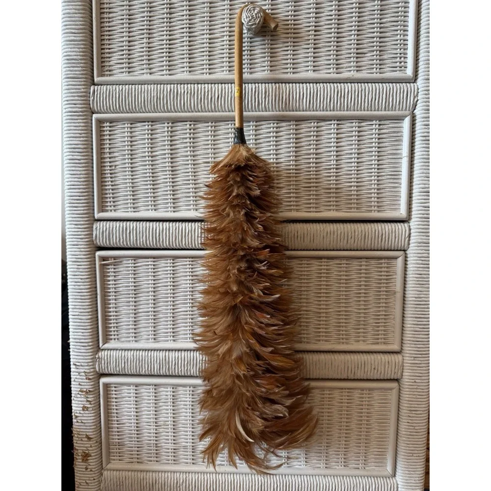 Vintage Chinese Chicken Feather Duster w/ Hooked Bamboo Handle 24-26